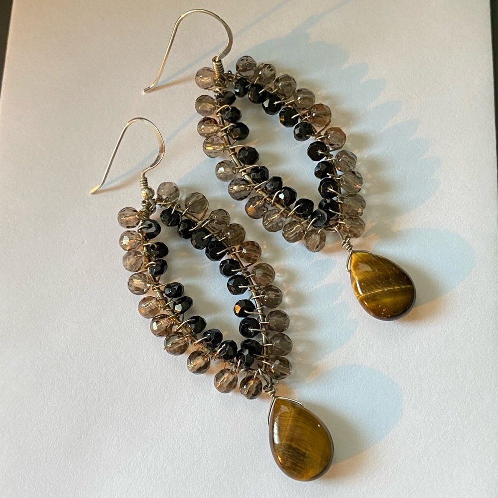 Sterling Silver Tiger Eye Crystal Hoop Dangle Earrings